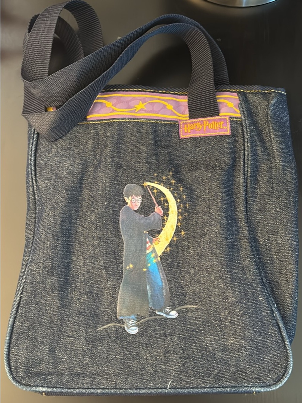 Warner Bros. Denim Tote Bag in Dark Blue with Purple Trim